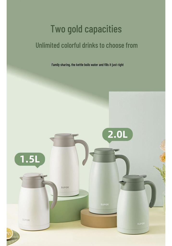Supor Stainless Steel Insulated Kettle - Large Capacity Portable Thermos for Home and Office.