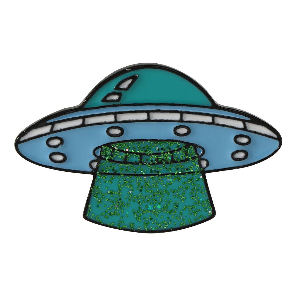 Classic Blue Green Spacecraft Shaped Brooches Alien UFO Glitter Enamel Pins Outer Space Lovers Badge