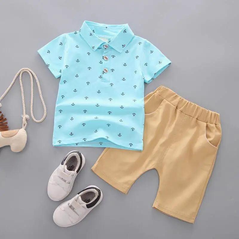Baby Boy Anchor Pattern Button T-Shirt Clothes Cotton Comfortable Summer Breathable Short Sleeve + Shorts Casual Suit