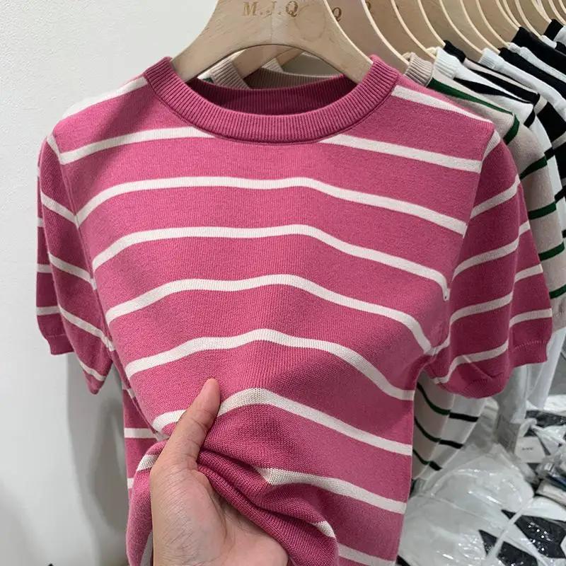 Summer Casual Striped Knit T-Shirt Women's Slim Fit Crew Neck Short Sleeve Top