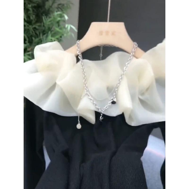 Spring 2024 French Chic Off-Shoulder Mesh Patchwork Slimming Long-Sleeve Women's Top