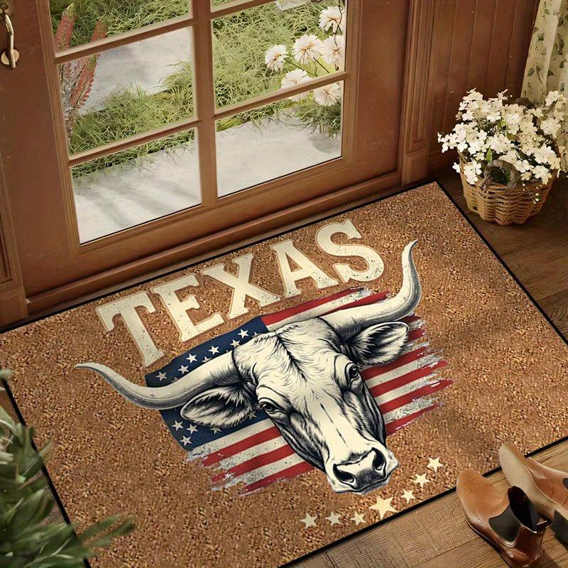 1pc 2D Flat Texas Longhorn Bull American Flag Flannel Door Mat Non Slip Western Country Rug For Entryway Ranch Floor