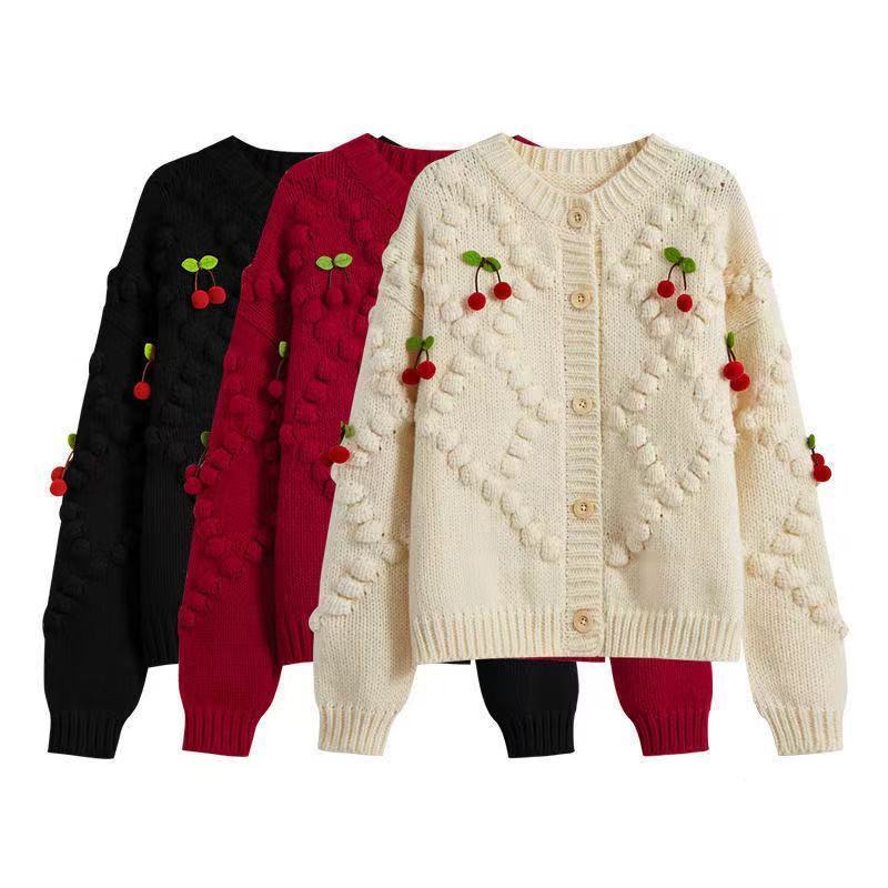 Design Sense Nische Kirschstrick-Cardigan für Damen, Frühling und Herbst, hochwertiger und einzigartiger, weicher, klebriger Pullover-Cardigan für Damen