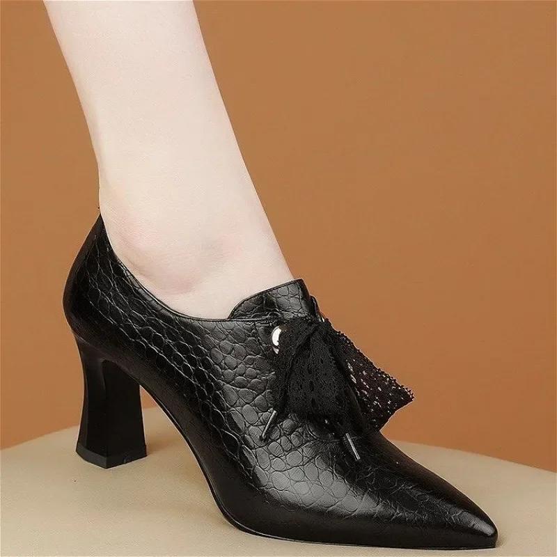 Fashion 2024 Women's High Heels PU Leather Sexy Pointed Toe Banquet Party Low-top Shoes Elegant Lace Lace-up Designer Women's High Heels