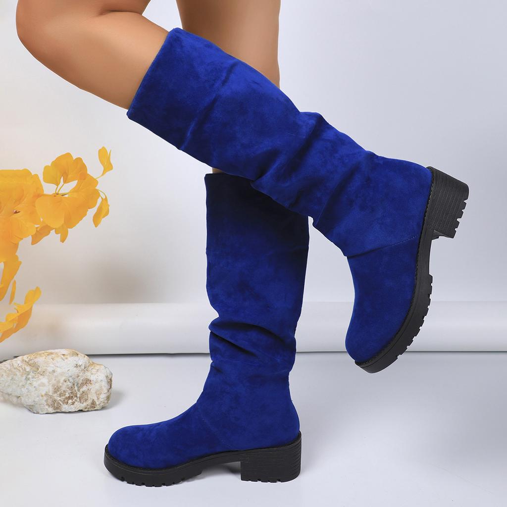 Fashion Boots for Women 2025 Spring Autumn Suede Thick Medium Heel Pleated Mid-calf Boots Casual Platorm Solid Slip on Knight Booties
