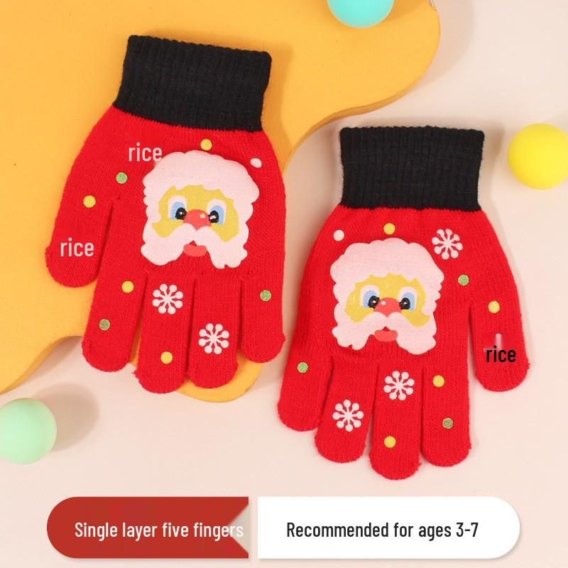 Children's Cute Cartoon Knitted Christmas Gloves - Five-Finger Warm Style for Boys and Girls