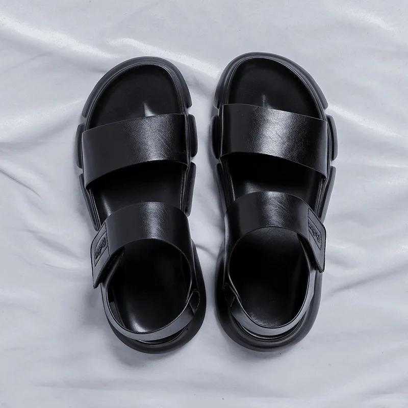 

2025 Мужские классные уличные тапочки Мужские летние сандалии с вырезами Кожаные пляжные туфли на толстой подошве Нескользящие сандалии ручной работы 44 чёрный