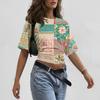 Women’s Crew Neck Printed Short Sleeve Loose Fit Pullover Top Casual Patchwork Style Soft Fabric Lightweight Comfortable Wear