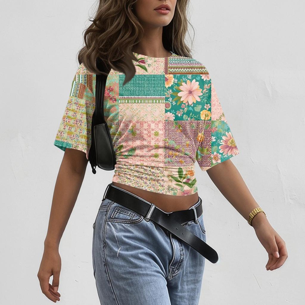 Women’s Crew Neck Printed Short Sleeve Loose Fit Pullover Top Casual Patchwork Style Soft Fabric Lightweight Comfortable Wear