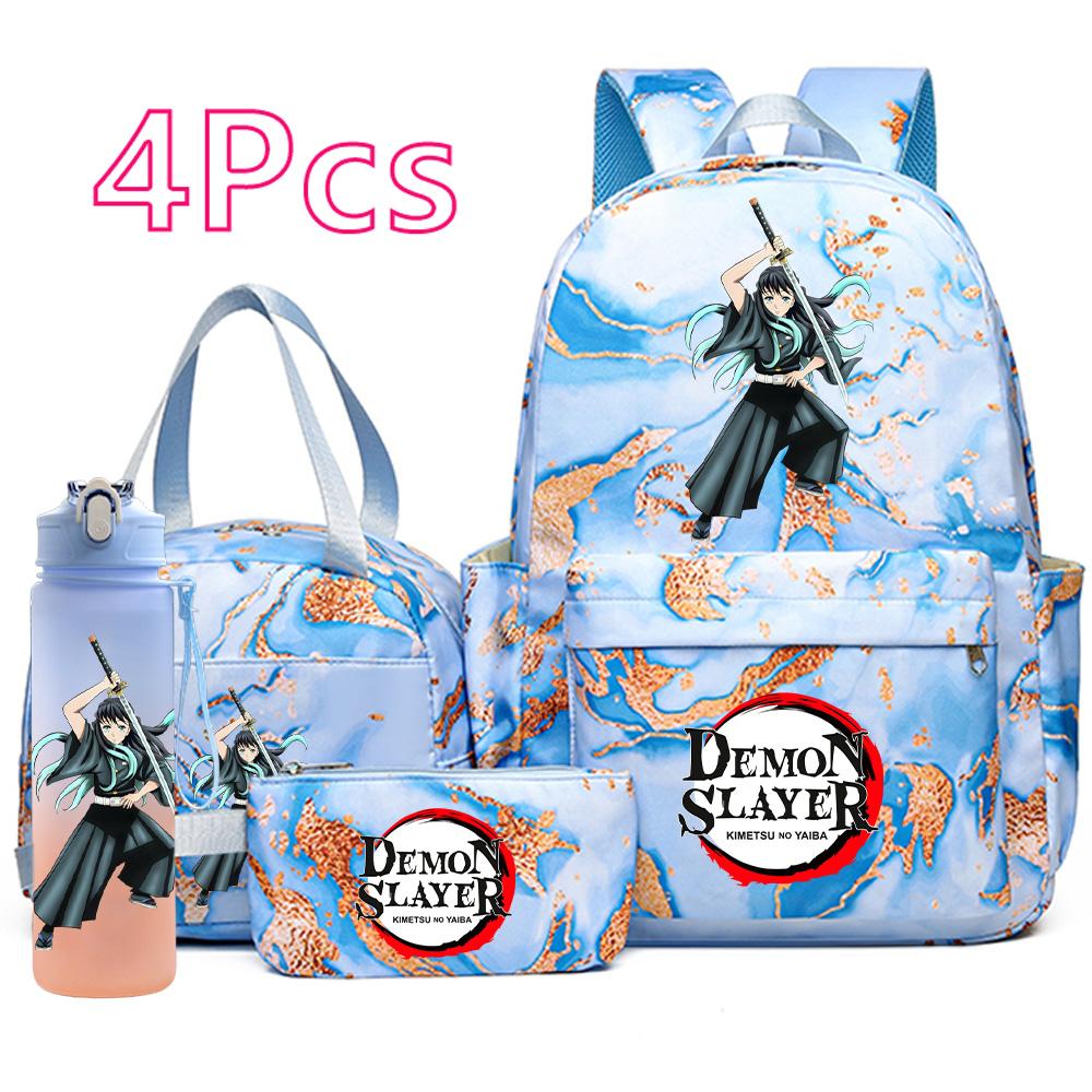 4 Pièces/ensemble Anime Demon Slayer Sac à Dos Imprimé Sac à Main Trousse à Crayons avec Bouteille d'Eau 750ml pour Adolescent Garçon Fille Grande Capacité Sac d'École Imperméable