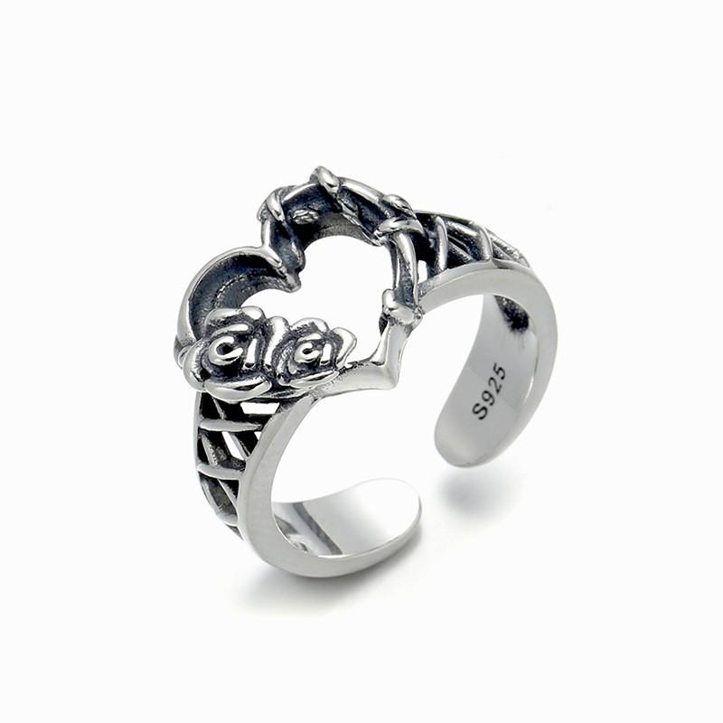 Adjustable Open Ring With Hollow Heart Rose Design Sterling Vintage Style Unisex Fashion Jewelry