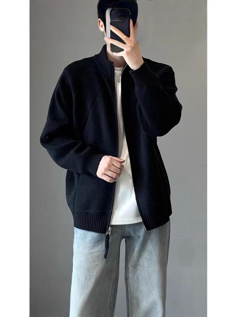 Men's Korean Style Stand Collar Double Zipper Knit Cardigan - Casual Loose Fit for Autumn and Winter