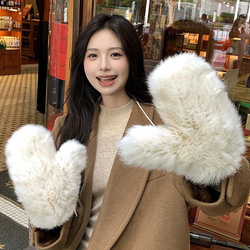 Winter Women Real Rabbit Fur Gloves Natural Thick Style Rabbit Fur Mittens Outdoor Girls Keep Warm Hand Knitted Fur Glove