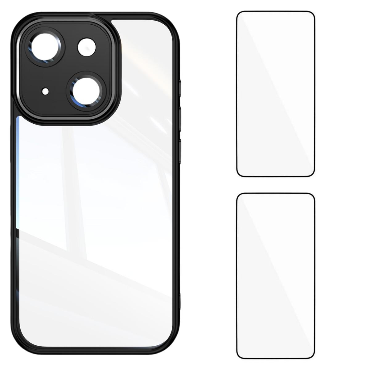 

For iPhone 14 TPU Case WANLONFENG Drop-proof Clear Phone Cover with 2Pcs Tempered Glass Film Black