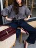 Women's Color Block Horizontal Stripe Knitwear - Casual Loose Batwing Mid-Sleeve Short Pullover Sweater