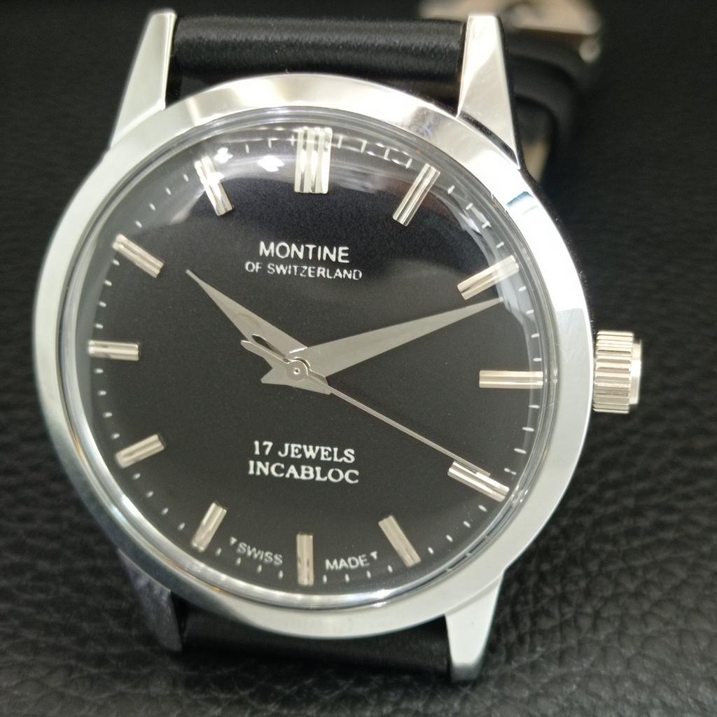 HAND-WINDING VINTAGE MONTINE SWISS MENS REFURBISHED BLACK DIAL WATCH a445227-1