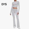 2 Pcs/Set Women Top Pants Suit Skinny High Waist O Neck Long Sleeves Pure Color Stretchy Soft Breathable Yoga Bell Bottoms T-shirt Set Spring Summer