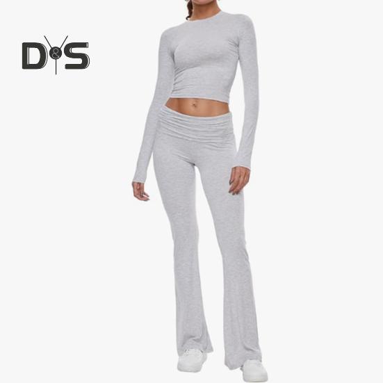2 Pcs/Set Women Top Pants Suit Skinny High Waist O Neck Long Sleeves Pure Color Stretchy Soft Breathable Yoga Bell Bottoms T-shirt Set Spring Summer