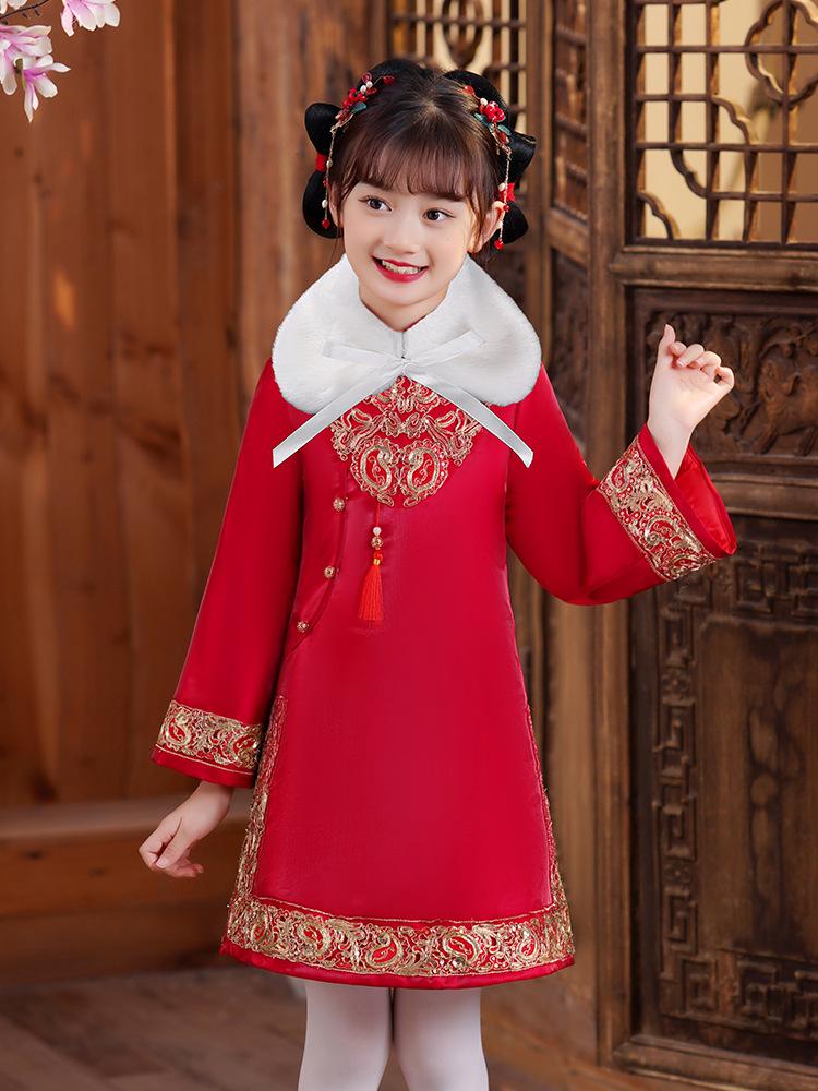 Mädchen Roter Winter Cheongsam Tang Anzug - Gepolsterte Chinesische Neujahrs Kleidung für Kinder