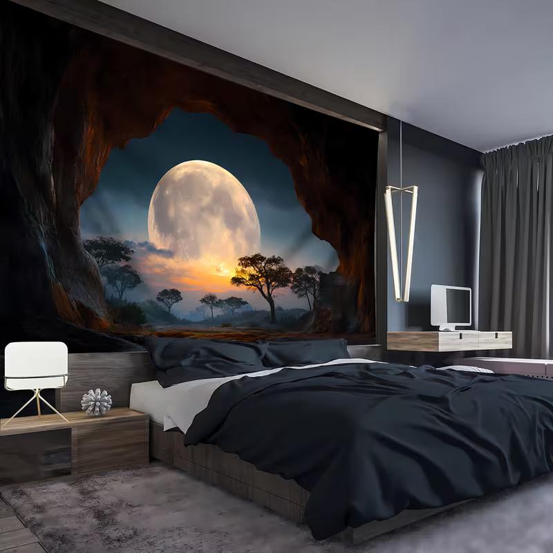 2D African Savannah Night Tapestry Cave Moonlight Home Background Decor