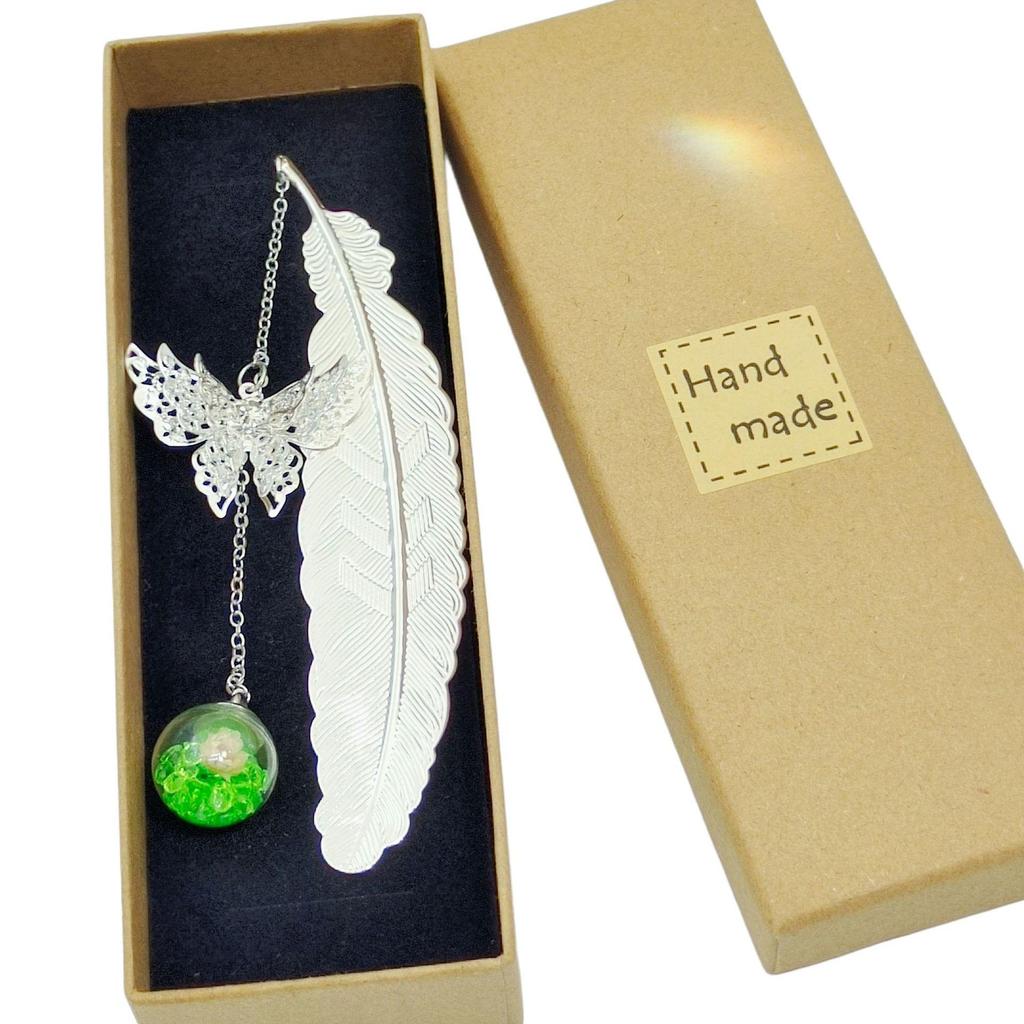 Chinese Style Dried Flower Bookmark with Feather, Metal Butterfly & Tassel - Ideal Teacher's Day Gift