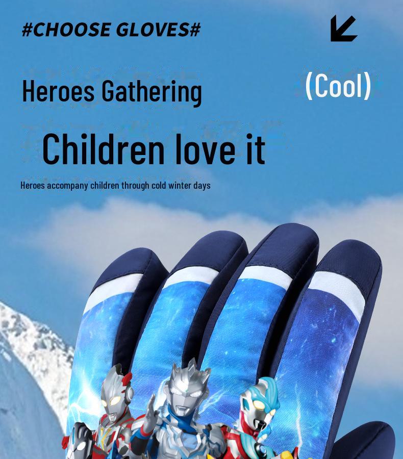 Ultraman Kids' Winter Ski Gloves: Warm, Waterproof, Velvet-Lined for Cold Protection