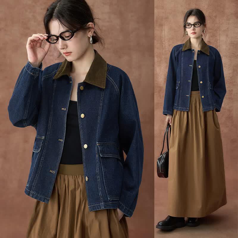 Wudao Women s Retro Corduroy & Denim Patchwork Jacket XL