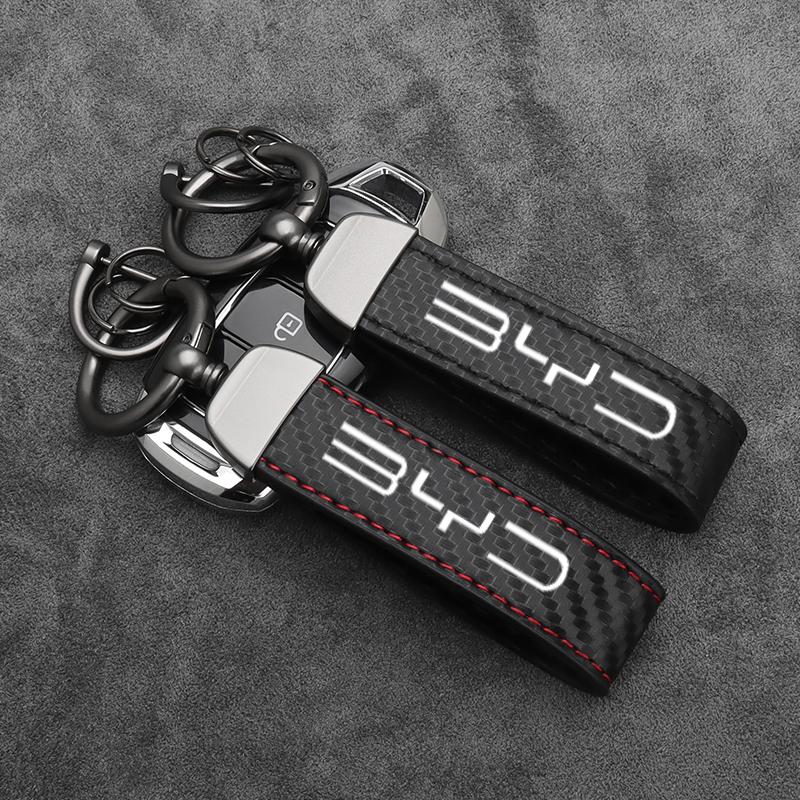 Carbon Fiber Car Keychain for BYD Seal Atto 3 Song Plus Max Dolphin Scratch Resistant PU Leather Keyring Styling Accessories