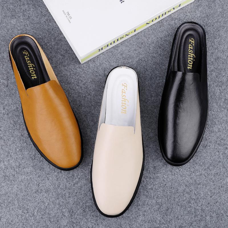 Men's Shoes 2025 Summer New Fashion Leather Surface Without Heel Half Slippers Men's Easy To Wear Lazy Shoes