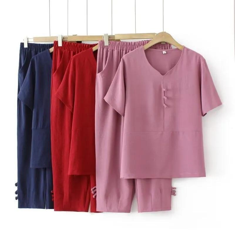 Sommeranzug für Mütter, locker, bequem und cool, Anzug mit V-Ausschnitt, zweiteiliges T-Shirt und elastische Hose