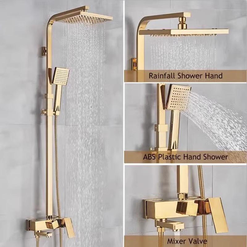 Tuqiu Luxury Gold Bathroom Shower Faucet Set Brass Bathtub Faucet  With Square Rainfall Shower Head  Wall Mounted