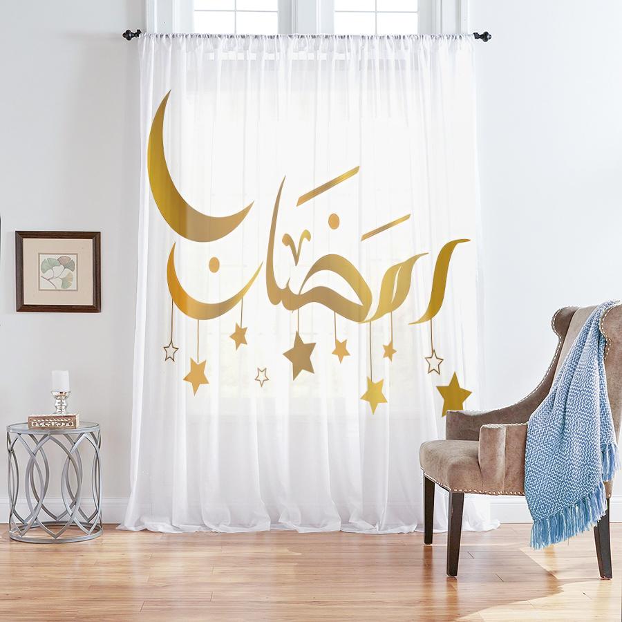 1PCS white background gilded calligraphy decorative gauze curtain   celebrating Eid al Fitr   bedroom living room gauze curtain 100*130 HOOK 1pcs