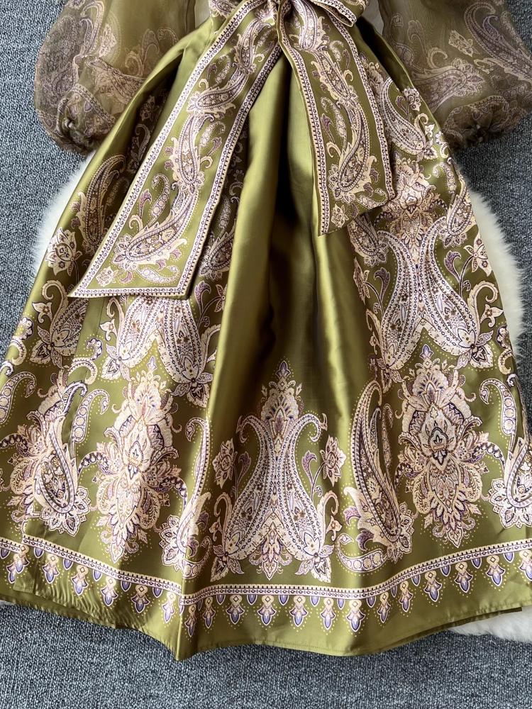 Herbst Paisley Print Bandage Wrap Abendkleid Frauen Laterne Ärmel Party Langes Kleid Weibliche Y2k Patchwork Dicken Satin Ballkleid