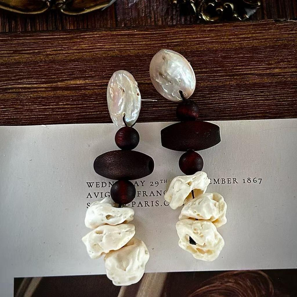 Wind Retro Earrings, Natural Baroque Handmade Earrings, Bone Wood Splicing Design Niche Earrings