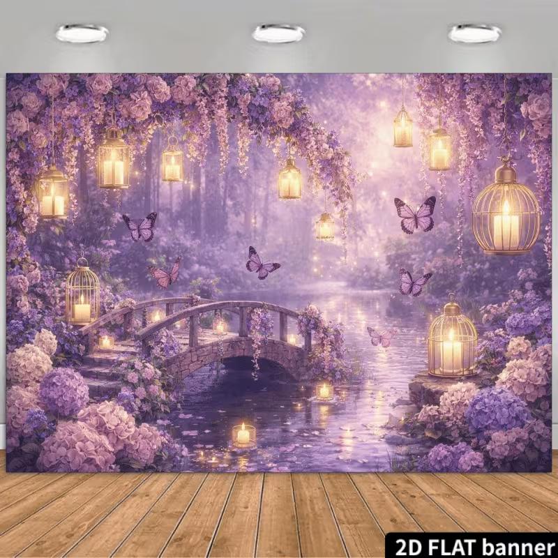 

2D Purple Floral Enchanted Garden Backdrop with Lanterns & Bridge 47.2x31.5inch/120*80cm