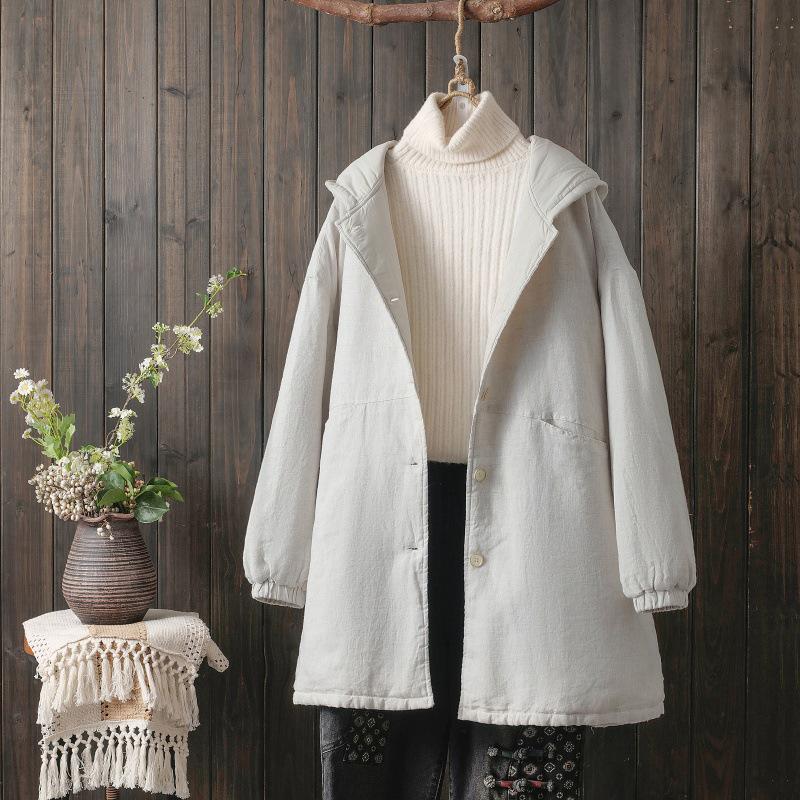2025 Fall/Winter Plus Size Cotton Linen Hooded Mid-Length Coat - Thick Warm Artistic Outerwear