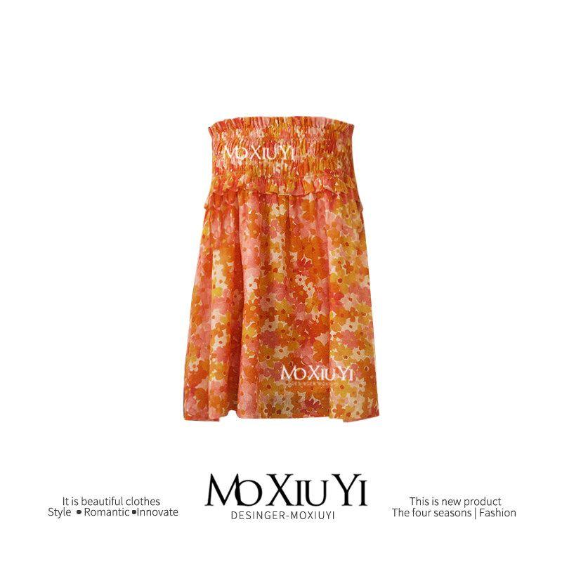 MOX [in Stock] Korean Series Holiday Style Strapless Dress Double Purpose Women Summer New Slim fit Slimming Floral Skirt Orange Flowers XL