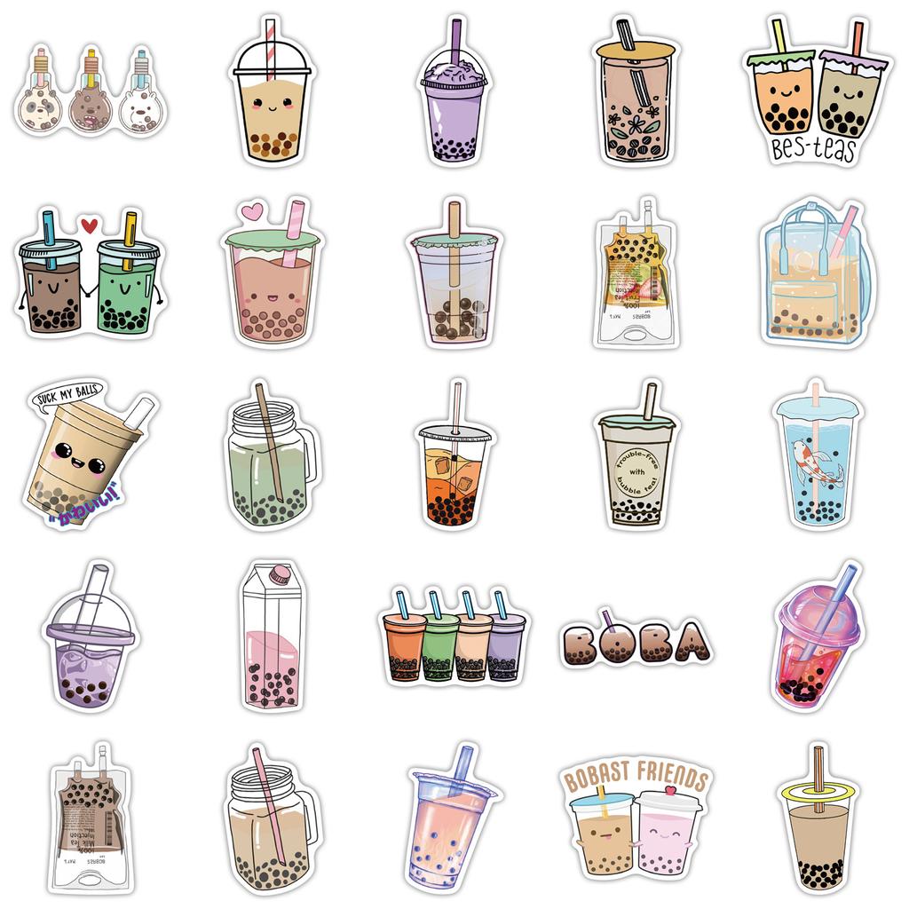 50 New Style Pearl Milk Tea Graffiti Stickers Decorate Suitcase Motorcycle Trolley Case Notebook Waterproof Stickers
