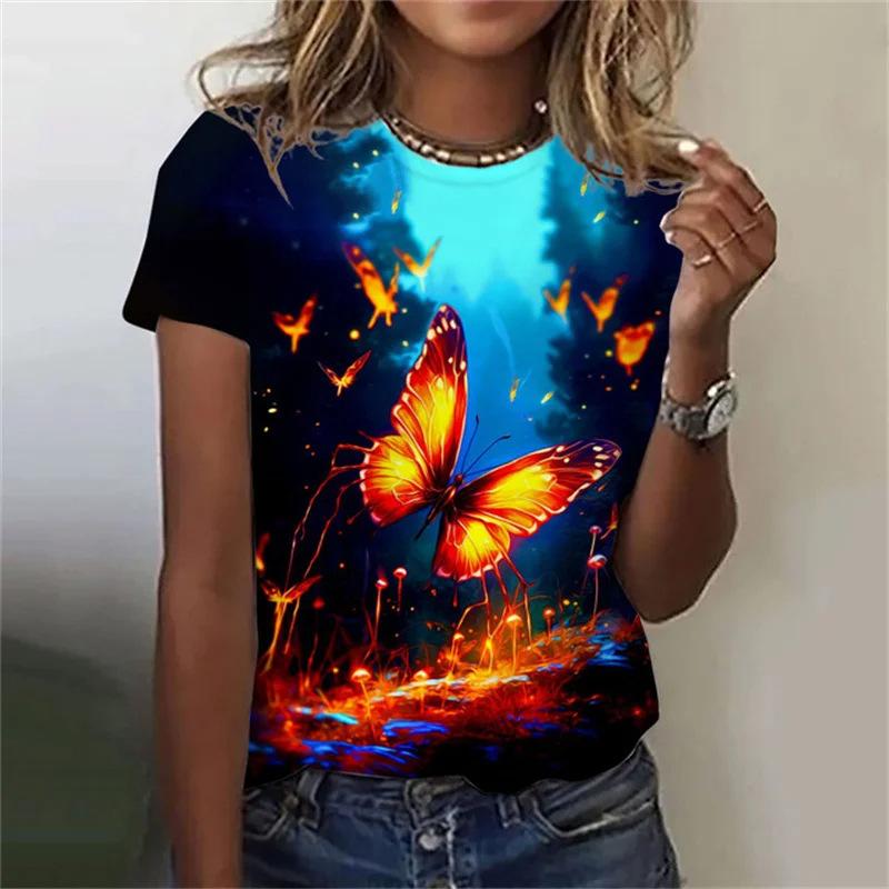 Summer Round Neck Butterfly Pattern 3D Print Top Fashionable Casual Short Sleeved Women's T-shirts