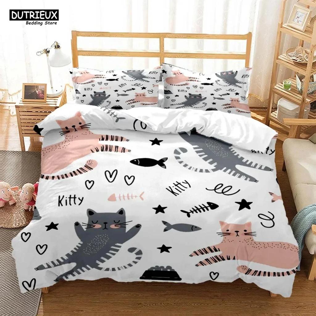 Cute Cat Bedding Set 3D Printed Suitable For Bedroom Duvet Cover Set With Pillowcases Kids Home Textile