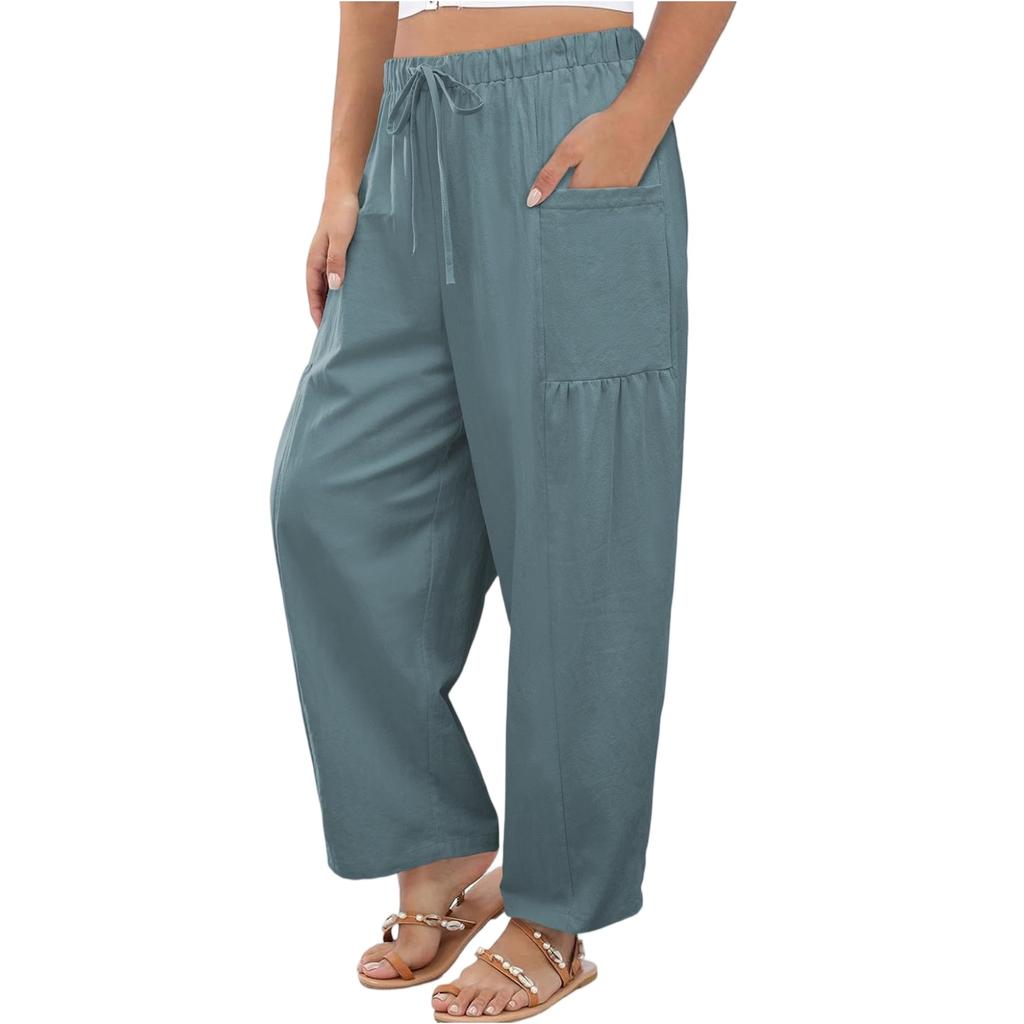 Women Elastic High Waist Pant Casual Fit Wide Leg Long Pants Trousers With Pockets