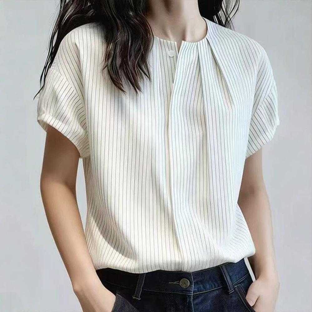 French Striped Short-sleeved Shirt Women's 1116 Summer New Foreign Style Age Reduction Loose and Thin Design Pleated Top