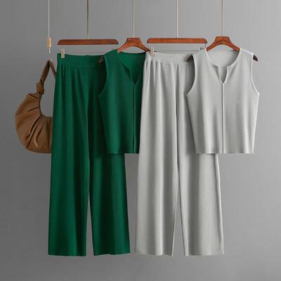 Καλοκαιρινό Μινιμαλιστικό Αμάνικο Πλεκτό Τοπ Σετ Μόδας Casual Παντελόνι με Φαρδύ Πόδι Σετ Δύο Τεμαχίων Για Γυναίκες