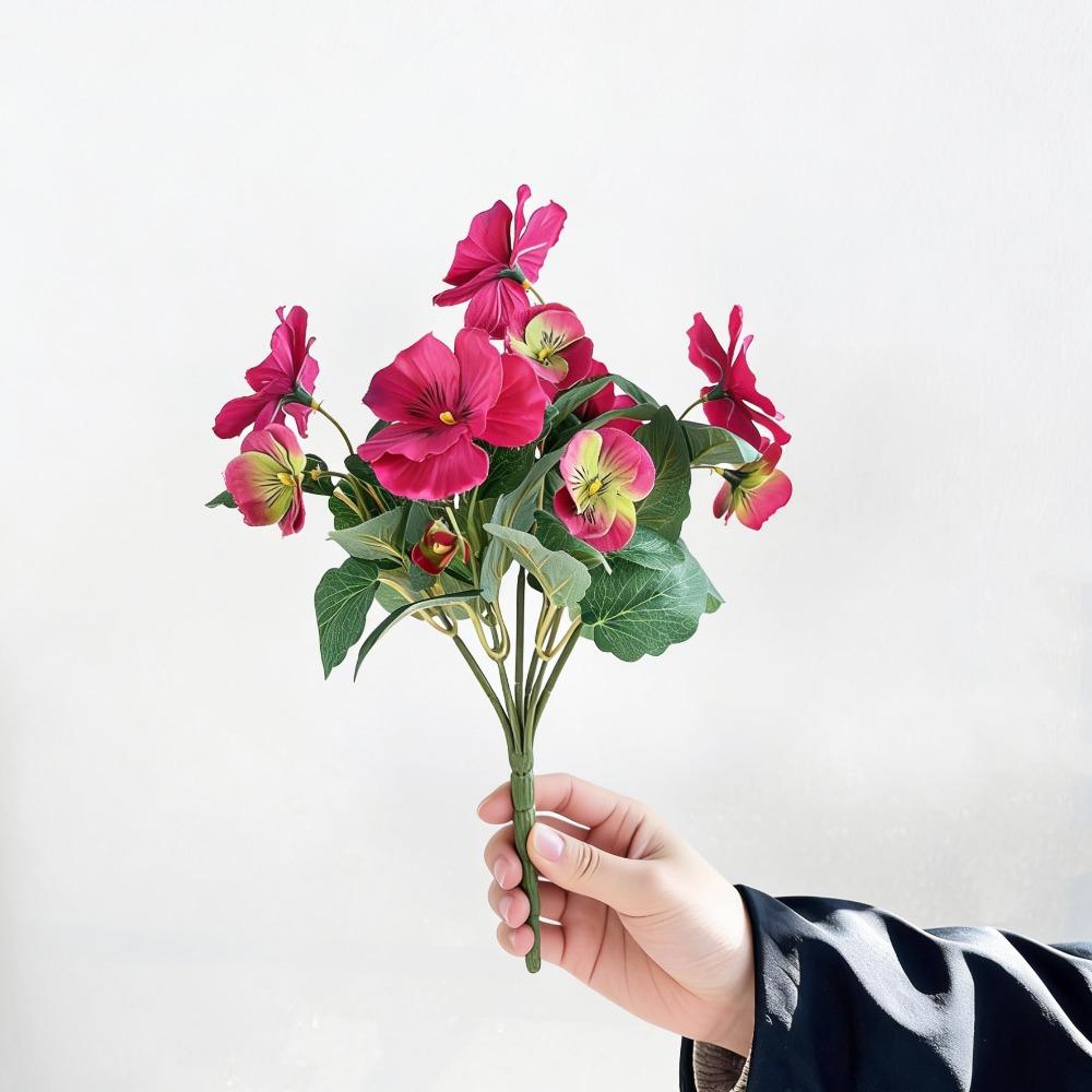 30cm Artificial Pansy Flowers Bouquet UV Resistant Five Fork Silk Fake Flowers Silk Tricolor Violet Artificial Green Plants