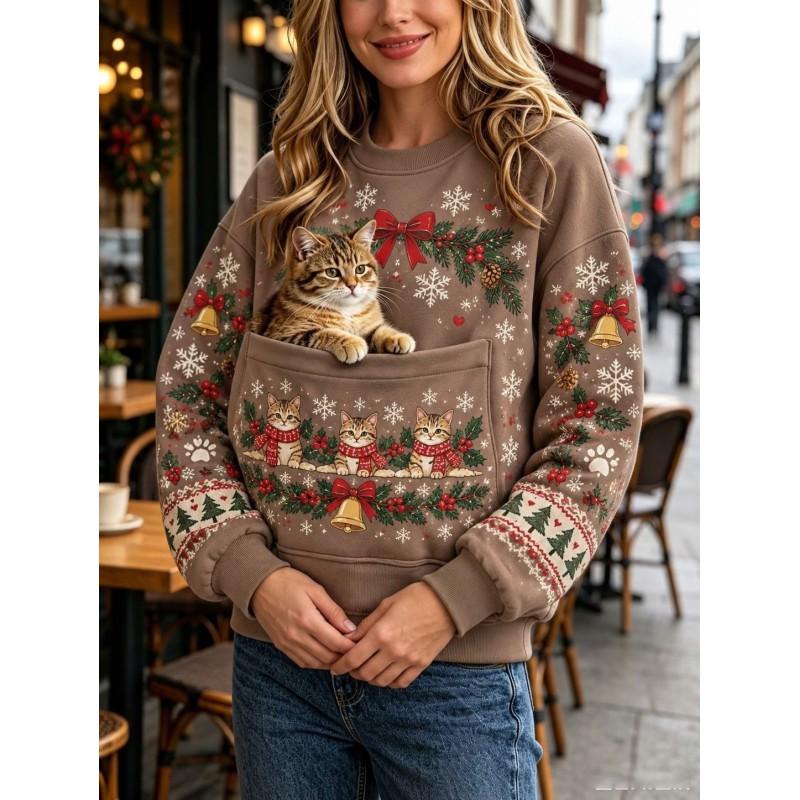 Christmas Cat Pocket Print Sweatshirt Retro Long Sleeve Top Holiday