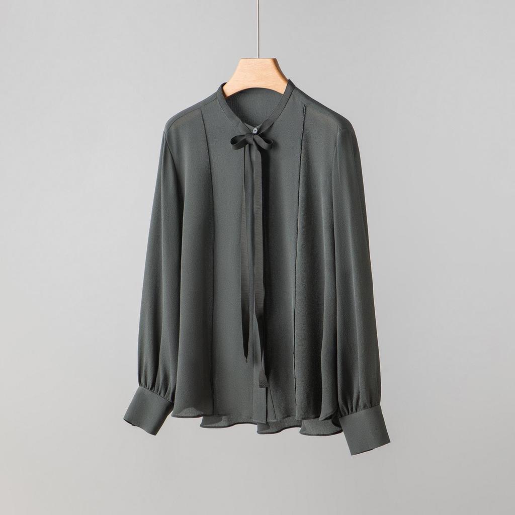 Women's Spring Silk Ribbon Shirt: Mulberry Silk French-Style Long Sleeve Top