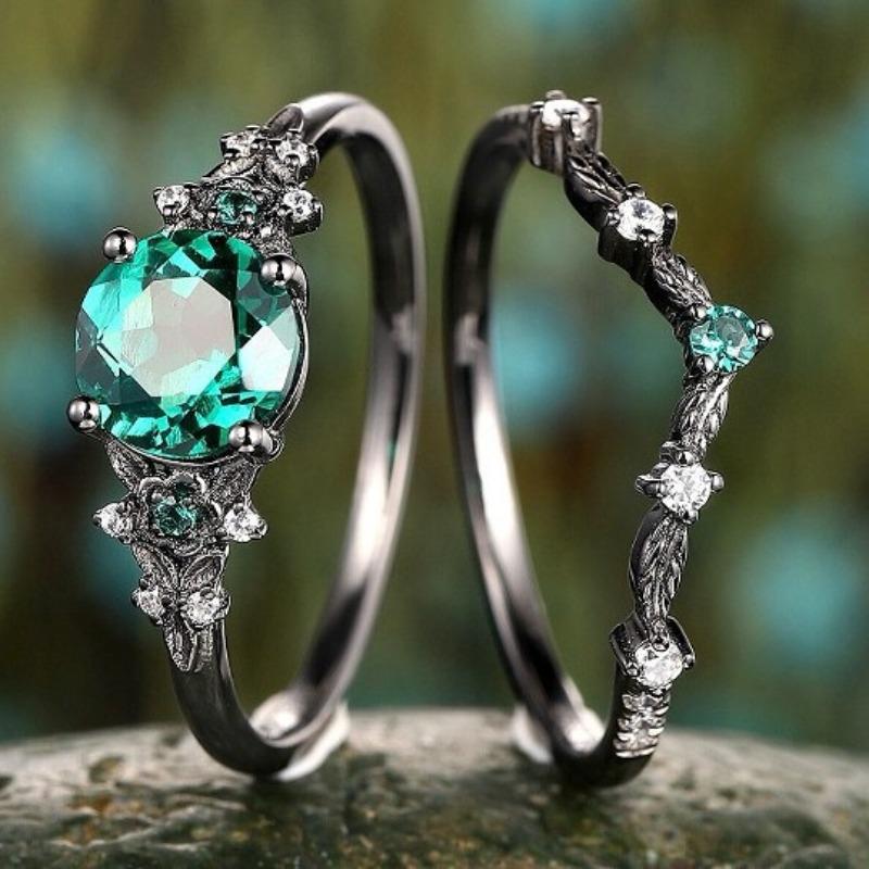 Exquisite Silver Color Round Ring for Women Set  Metal Inlaid Green White Stones Ring Set Jewelry