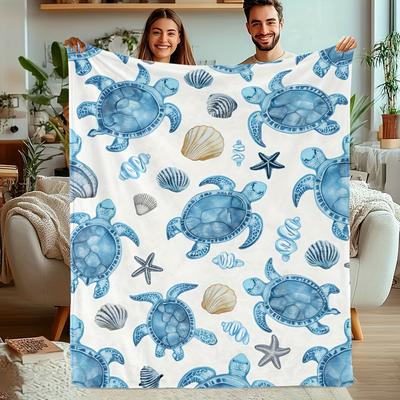 1 Stück Küsten-Aquarell Meeresschildkröte & Muschel Druck Weiche Fleece-Decke Strand-Thema Heimdeko Überwurfdecke
