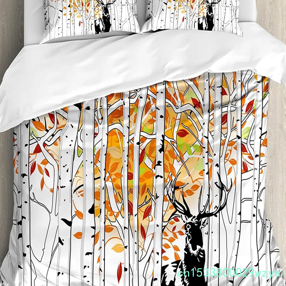 Forest Animal Deer Birch Maple Grass Duvet Cover With Pillow Case Custom 3pcs Bedding Set Quilt Cover Double Bed Home Textile