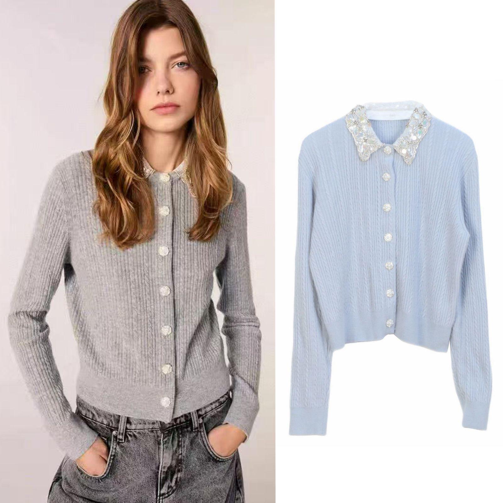 

2025 Spring Grey Knit Cardigan with Sequin & Rhinestone Lapel Large